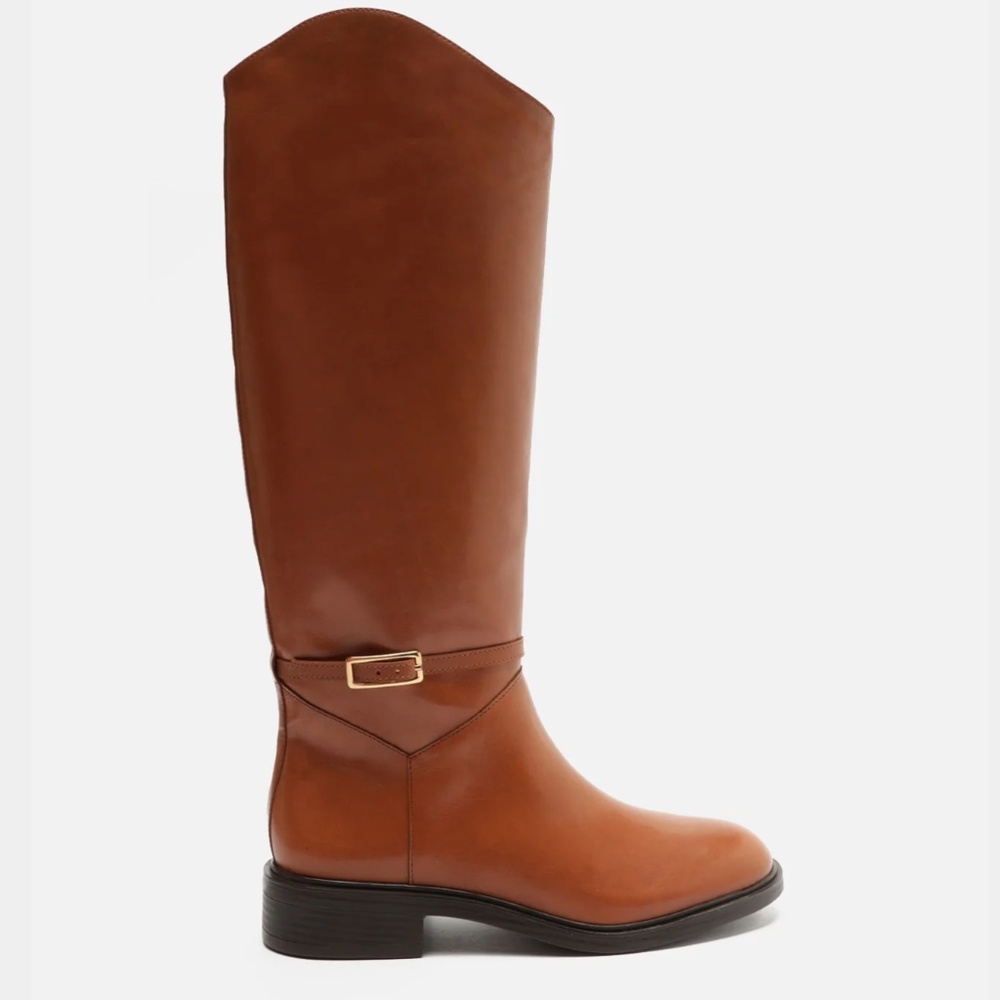 Arezzo Women’s Tall Leather Riding Boots Caramel , Gold Buckle Detail , NEW - Picture 6 of 11